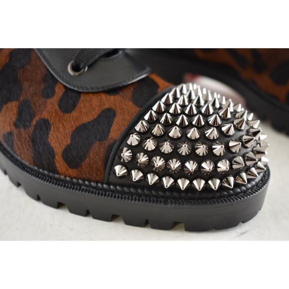 Christian Louboutin TS Croc Flat Black Leopard Pony Spike Combat Ankle Boot 38 - Picture 7 of 15
